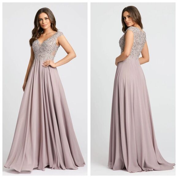 NWT Mac Duggal 20264 Applique Cap Sleeve Bodice Flowy Sequin Gown Lilac Size 6 - Picture 1 of 14